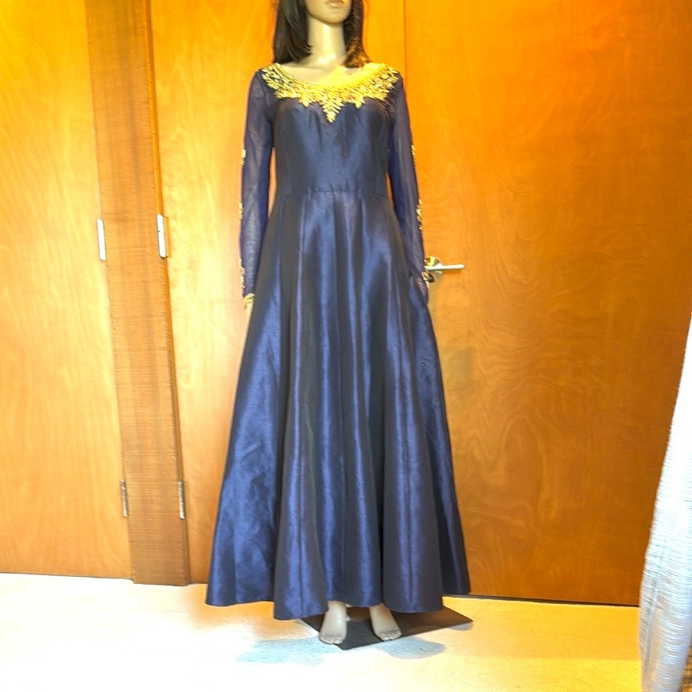 Blue and Gold Long Sleeve V-Neck Embellished Gown